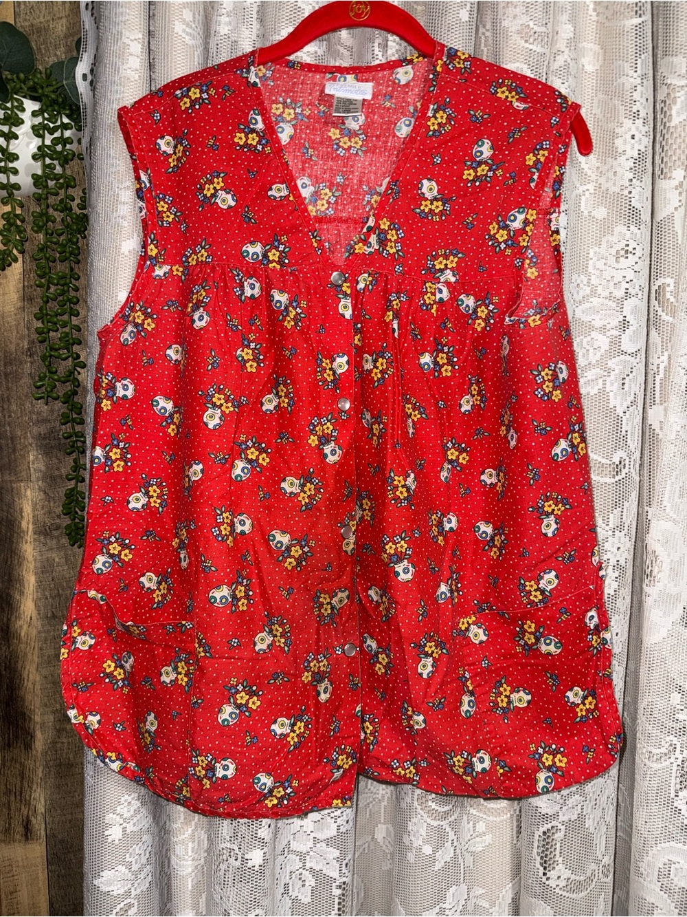 VTG Premier Intimates Red Floral Cobbler Smock Apron Vest Snap Front Large
